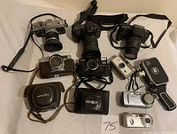 Overview showing nine cameras including SLRs, rangefinders in cases, compact film cameras, digital cameras, and Bolex movie camera