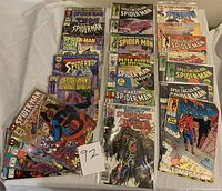Photo shows 24 Spider-Man related comic books including various titles such as Spider-Man, Spectacular Spider-Man, Spider-Boy, and Amazing Spider-Man stacked and partially overlapping. Comics are in protective sleeves.