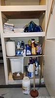 Wide view of shelves showing multiple cleaning products, roll of paper towels, folded cloths, grocery bags, a plunger, plastic gallon containers, and a garbage can.