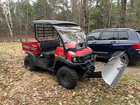 Front and left side view of red Kawasaki Mule PRO-FXR with attached snow plow parked on grass and leaves