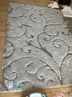 Full view of cream/beige area rug with scroll pattern laid out on floor.