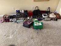 Wide shot showing all items arranged on carpet including shoes, purses, hats, belts, and accessories.