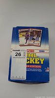 Closed view of the 1990-91 Score NHL hockey card box showing the worn blue cardboard with logo and date