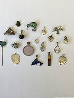 View of the collection of silver pendants, charms, and pins including various animal and human profile designs, small teapot, heart shapes, and stone accents.