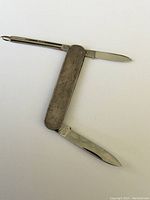 Silver multi purpose tool with three extended tools - nail file, large blade, smaller blade.