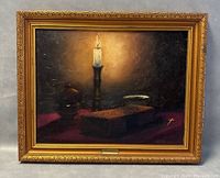 Front view of the oil painting showing candle, book, shell, and cross on dark red surface with ornate gold frame.