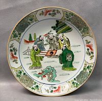 Full front view of porcelain plate showing central scene of five Chinese figures and colorful floral border.