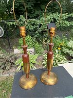 Pair of Mid-Century Modern side lamps with teak and brass finish shown from an angle in garden setting on patio table.