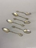 Photo showing all six sterling silver spoons arranged diagonally, displaying the design and size relative to each other.