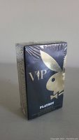Front view of the new, shrink-wrapped Playboy VIP men's cologne box showing packaging and branding.