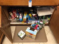 View inside cabinet showing multiple containers with assorted household and cleaning supplies including sprays, boxes, and bottles.