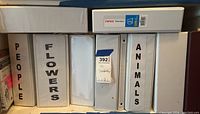 Photo of multiple white binders, labeled People, Flowers, Animals, plus additional binders including one from Staples standard.