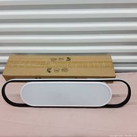 Image of the new ceiling LED light fixture placed in front of a cardboard box, showing the oval white light panel and black metal frame design.