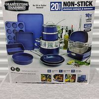 Front of box showing complete Granitestone Diamond 20-piece Non-stick aluminum cookware and bakeware set with images of all items included.