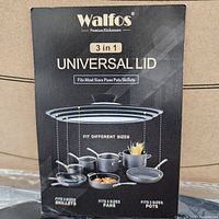 Photo of the product packaging showing Walfos branding and the 3 in 1 universal lid for pans, pots, and skillets with illustrations of different cookware sizes it fits.