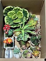 Top view of a box filled with various artificial succulents and cacti of different shapes and sizes, some with colorful flowers.