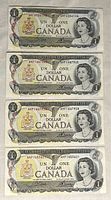 Front view of four crisp 1973 Canadian $1 bills showing Queen Elizabeth II portrait and Canadian coat of arms in color.
