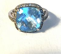 Front view of the cushion-cut blue topaz set in sterling silver with diamond accents