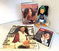 Photo showing the 1995 Howard Stern Miss America book, 1994 Rolling Stone magazine, 1997 TV Guide magazine, and vintage Meanie plush all together on a white surface.