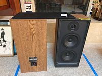 Pair of Polk Audio Model S6 speakers showing front and back view, highlighting wood veneer cabinet and driver arrangement.