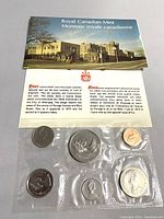 Top view of the coin set with the informational card above and six coins sealed in plastic below, showing the design on the coins and text on the card.