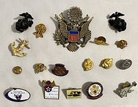 Top view of assorted military and other lapel pins showing front detailing and design.
