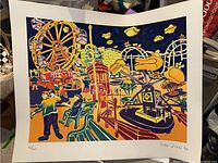 Full view of one Peter Zonis serigraphic print depicting a colorful amusement park scene with Ferris wheel and rides.