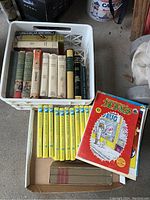 Overview of vintage books in a milk crate and a box of comic books in front.