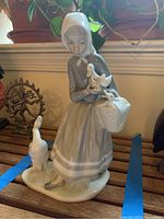 Front and side angled view of the Lladro figurine showing the girl holding ducks and basket with ducks, placed on an oval base with an additional duck figure.
