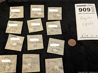 Twelve opal cabochons in individual paper envelopes arranged on black cloth with penny for scale and lot tag
