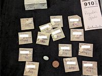 Photo of 14 individually packaged opal cabochons laid out on a black surface with a penny for scale.