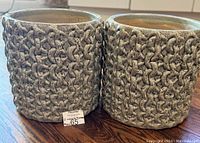 Front angle view of the pair of grey textured indoor planters, showing the detailed crackly surface texture and interior of each planter.