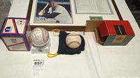 Overview of framed print, two signed baseballs, and storage boxes on white surface