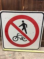 Front view of the square metal sign with no pedestrians and no bicycles symbols, showing wear and scratches on surface.