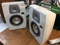 Pair of white vintage JBL outdoor speakers on a wooden surface showing overall front view and profile.