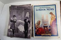 Two 1930s The Illustrated London News magazines shown side by side with detailed cover illustrations.
