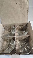 Four clear Duralex Fantasia glasses in original beige compartmentalized box