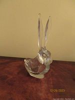 Full view of crystal rabbit trinket bowl showing tall ears and hollow body