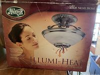 Search image of the box showing Hunter logo, model 27820 Illumi-Heat ceiling light with lighting and heat features, Nickel Brosse finish.