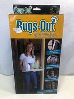Photo of the Bugs-Out Magnetic Door Screen box showing front panel with model, brand name, and feature highlights.