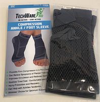 Photo showing packaging and sleeves folded beside it with product information.