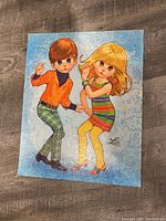 Front view of colorful retro style painting featuring children in 1960s fashion, signed 'Lee'.