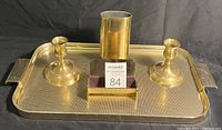 Full set with tray as base, candlesticks on each side, pen holder and card holder lined up in center front on top of tray