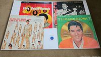 Photo showing all four Elvis Presley vinyl records laid out on carpet. Albums visible are 'Elvis Golden Records,' '50,000,000 Elvis Fans Can't Be Wrong,' 'Elvis Golden Records Volume 2,' and one with black and white Elvis photo cover.