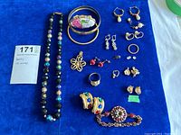 Full lot jewelry layout showing necklace, bracelets, earrings, rings, and charms with a note indicating '750 earrings'