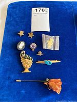 Overview of nine pins and brooches on blue velvet with lot number note