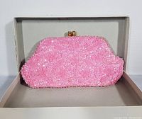 Pink beaded and sequined vintage evening clutch in original box