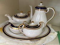 Overall view of tea and coffee service pieces on platter