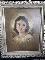 Full view of framed vintage art print of Boy Jesus by Florence Kroger with decorative silver-colored frame