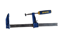 Metal adjustable bar clamp with blue cast iron body and yellow-blue Irwin branded handle, shown horizontally